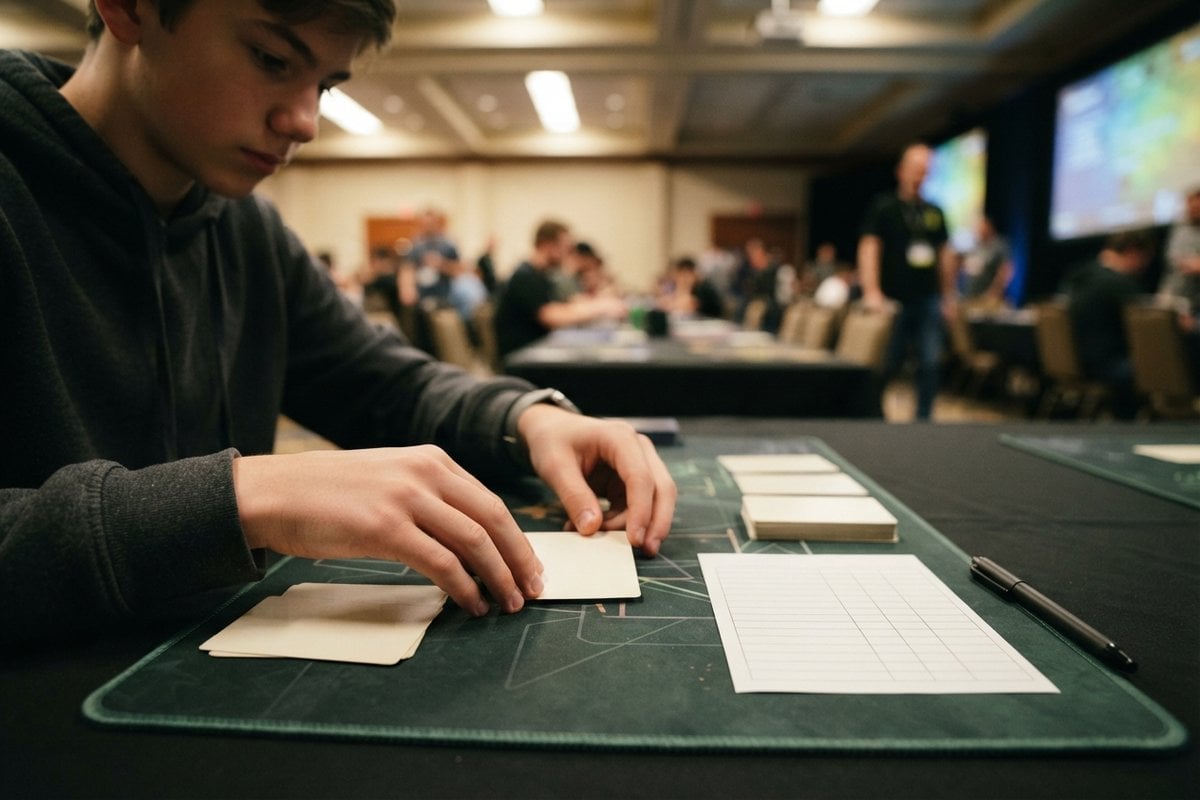 Jeune joueur posant des cartes vierges sur un tapis de jeu vert, salle de tournoi en arrière-plan