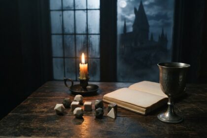 Dés polyédriques sans chiffres, bougie allumée et carnet ouvert sur une table en bois, château gothique dans la brume