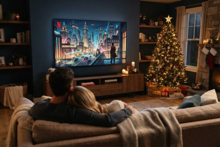 Couple sur un canapé devant un téléviseur montrant une ville futuriste animée, à côté d'un sapin de Noël illuminé