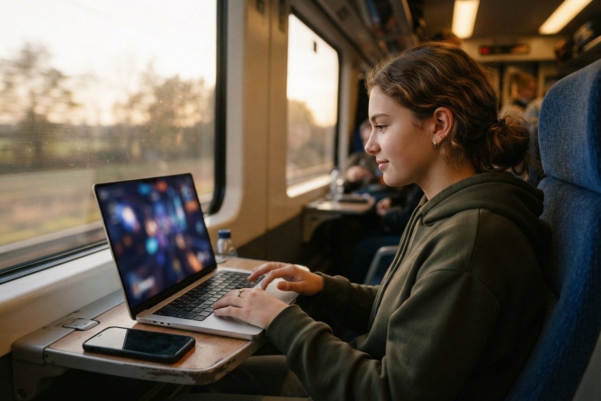 Adolescente utilisant un ordinateur portable sur la tablette d'un siège de train, smartphone posé à côté