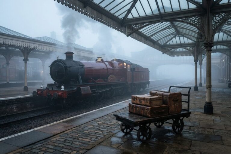 Locomotive à vapeur rouge à l'arrêt sous la verrière d'une gare britannique dans le brouillard, valises sur un chariot