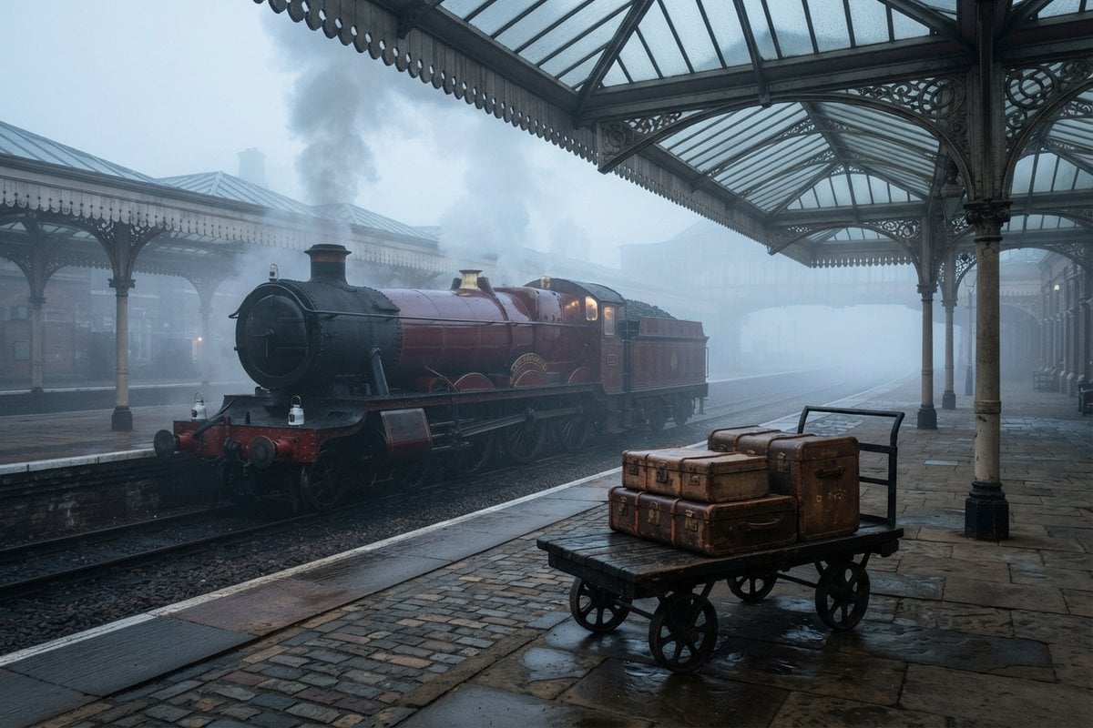 Locomotive à vapeur rouge à l'arrêt sous la verrière d'une gare britannique dans le brouillard, valises sur un chariot