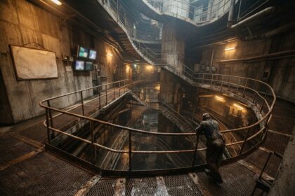 Ouvrier accoudé à une rambarde rouillée dans un vaste puits industriel souterrain éclairé de jaune