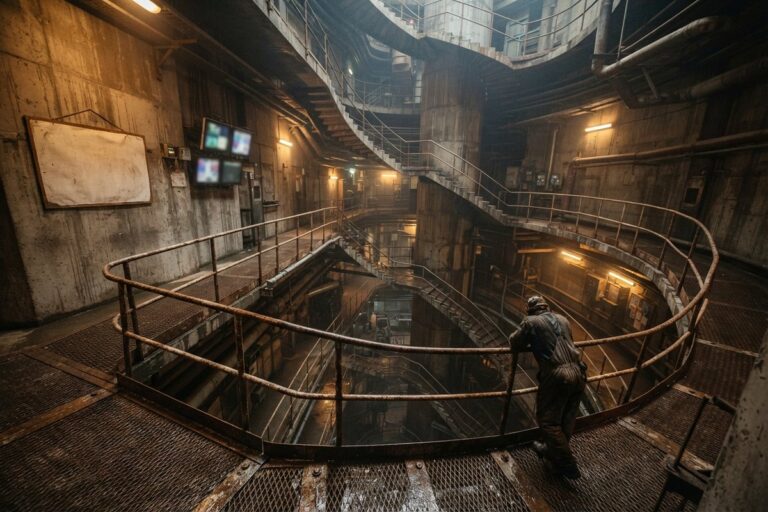 Ouvrier accoudé à une rambarde rouillée dans un vaste puits industriel souterrain éclairé de jaune