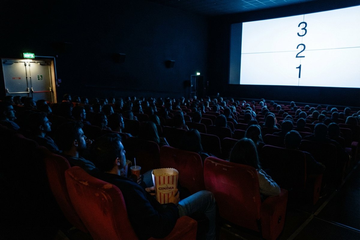 Une salle de cinéma comble, spectateurs face à un écran affichant un compte à rebours, sièges rouges dans la pénombre.