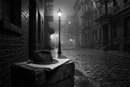Rue new-yorkaise déserte sous la pluie la nuit, chapeau feutre et journal posés sur une caisse en bois