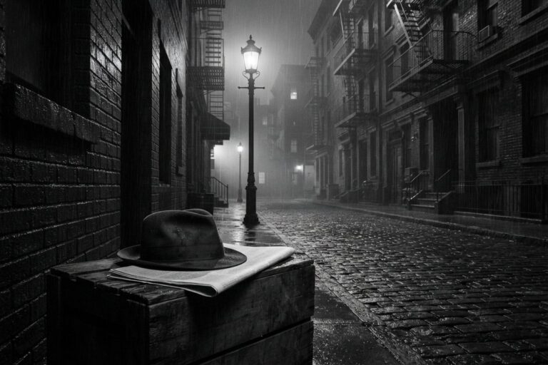 Rue new-yorkaise déserte sous la pluie la nuit, chapeau feutre et journal posés sur une caisse en bois