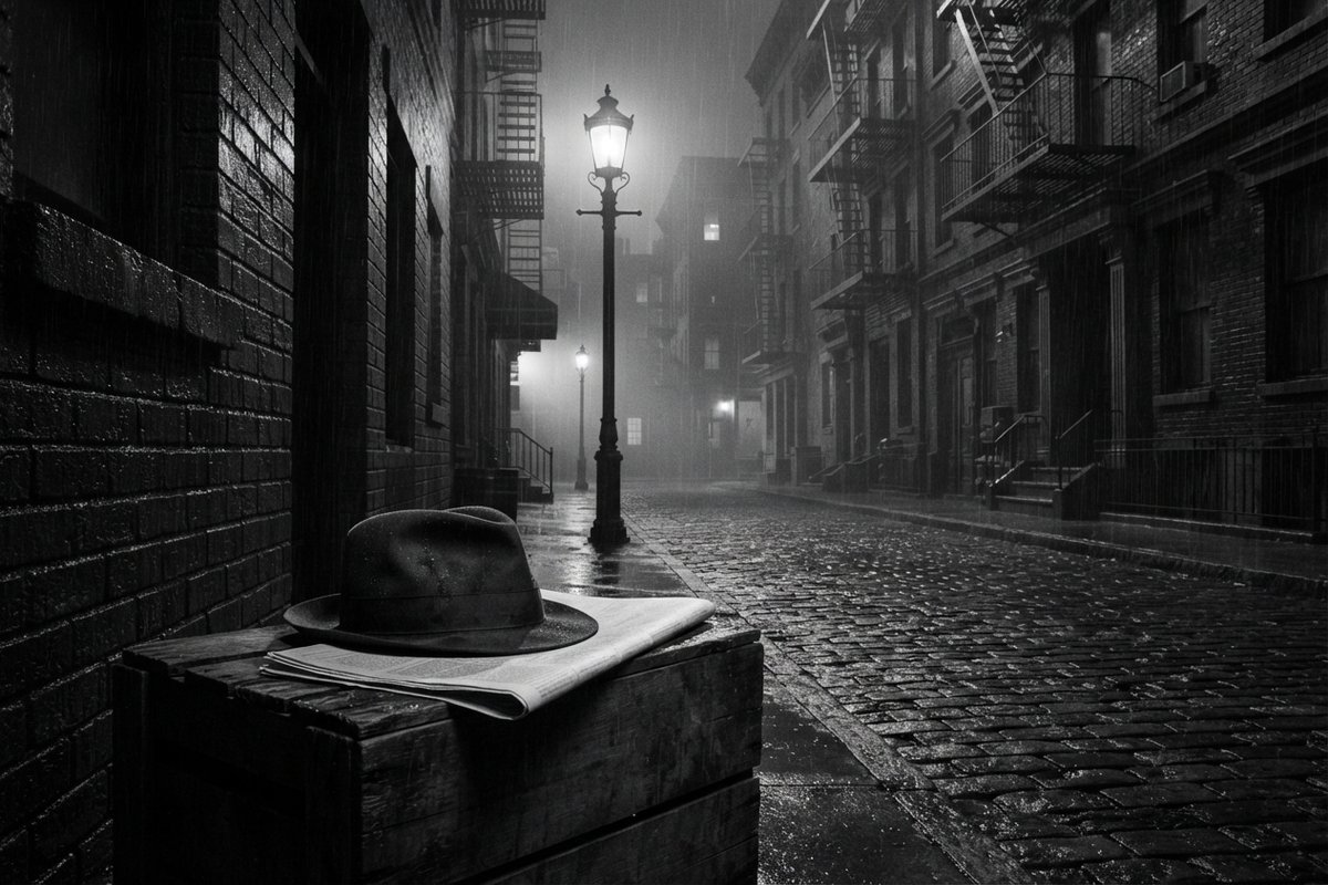 Rue new-yorkaise déserte sous la pluie la nuit, chapeau feutre et journal posés sur une caisse en bois