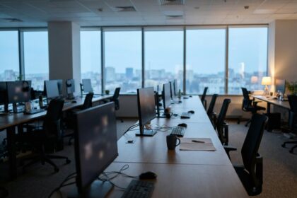 Bureau open space désert au petit matin, écrans éteints et chaises vides le long de longues tables de travail
