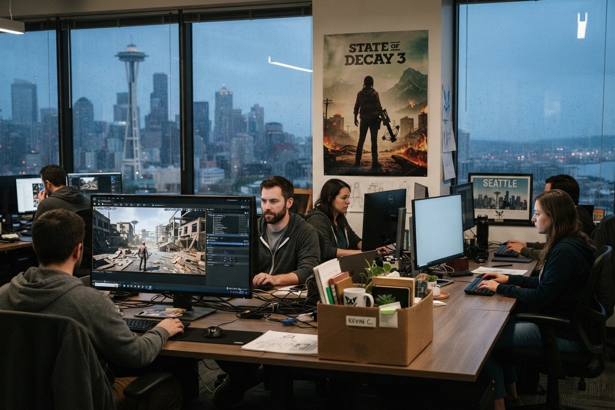 Développeurs dans un open space face à Seattle, affiche de State of Decay 3 au mur et carton d'affaires posé sur un bureau