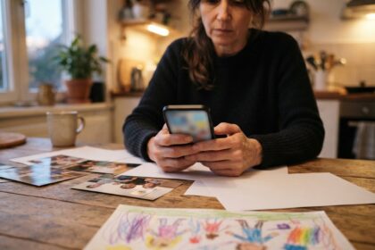 Femme consultant son smartphone à une table de cuisine, entourée de photos de famille et d'un dessin d'enfant