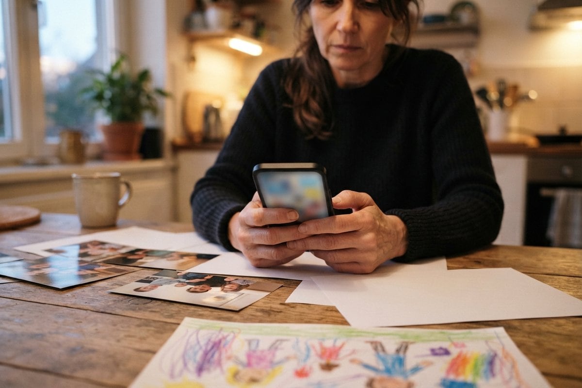 Femme consultant son smartphone à une table de cuisine, entourée de photos de famille et d'un dessin d'enfant