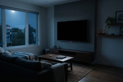 Salon plongé dans la nuit, grand téléviseur mural éteint avec sa diode de veille rouge, box Wi-Fi sur une étagère