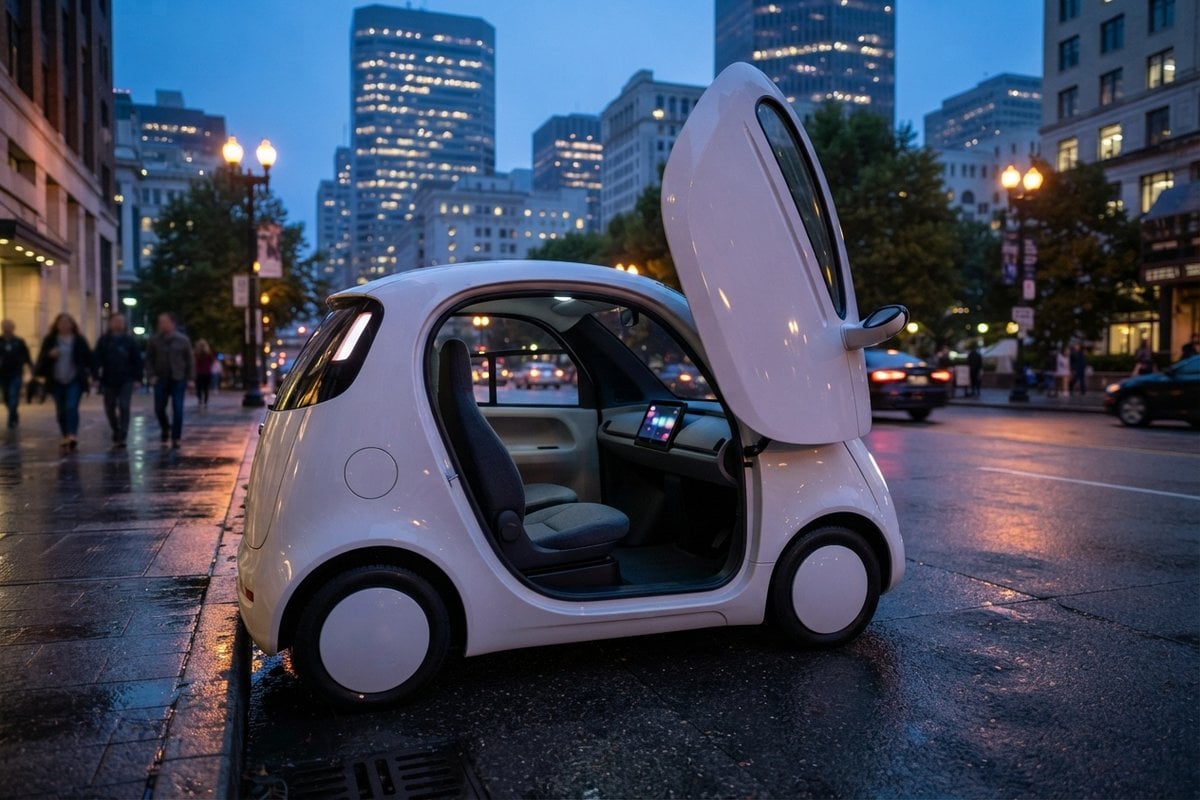 Petit taxi électrique blanc à porte papillon ouverte, habitacle biplace sans volant, rue urbaine au crépuscule
