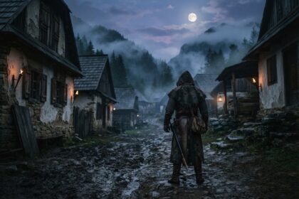 Homme encapuchonné armé d'une épée, de dos sur un chemin boueux d'un village de montagne brumeux sous la pleine lune