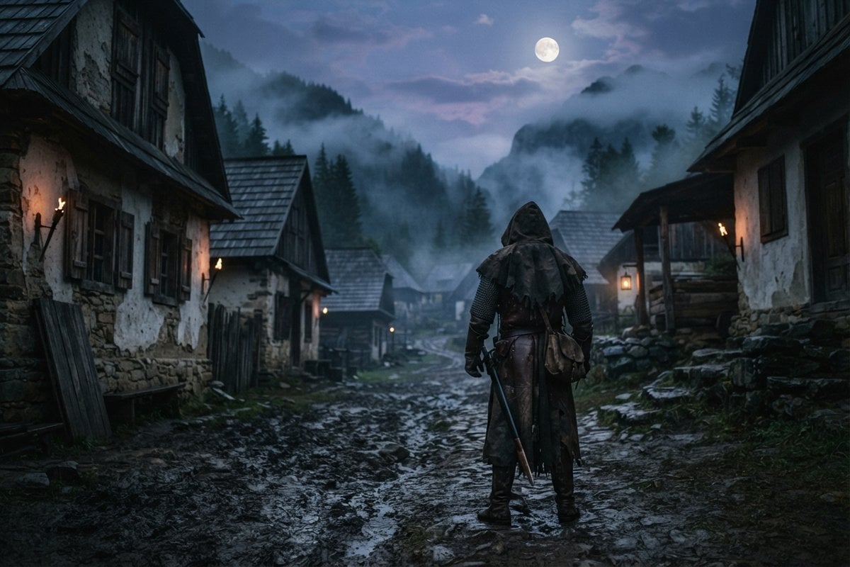 Homme encapuchonné armé d'une épée, de dos sur un chemin boueux d'un village de montagne brumeux sous la pleine lune