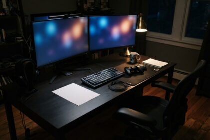 Bureau de jeu vidéo vide la nuit, deux écrans allumés, une manette débranchée et une feuille blanche.