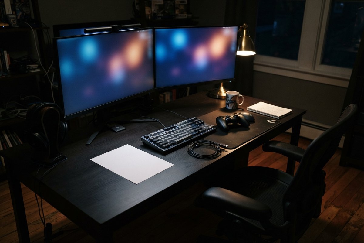 Bureau de jeu vidéo vide la nuit, deux écrans allumés, une manette débranchée et une feuille blanche.