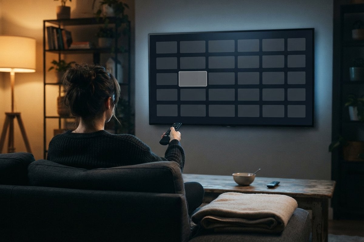Une personne vue de dos, télécommande en main, face à un téléviseur affichant une grille de vignettes vides