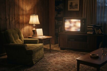 Salon lambrissé des années 80 avec fauteuil vert, lampe allumée et téléviseur cathodique en marche
