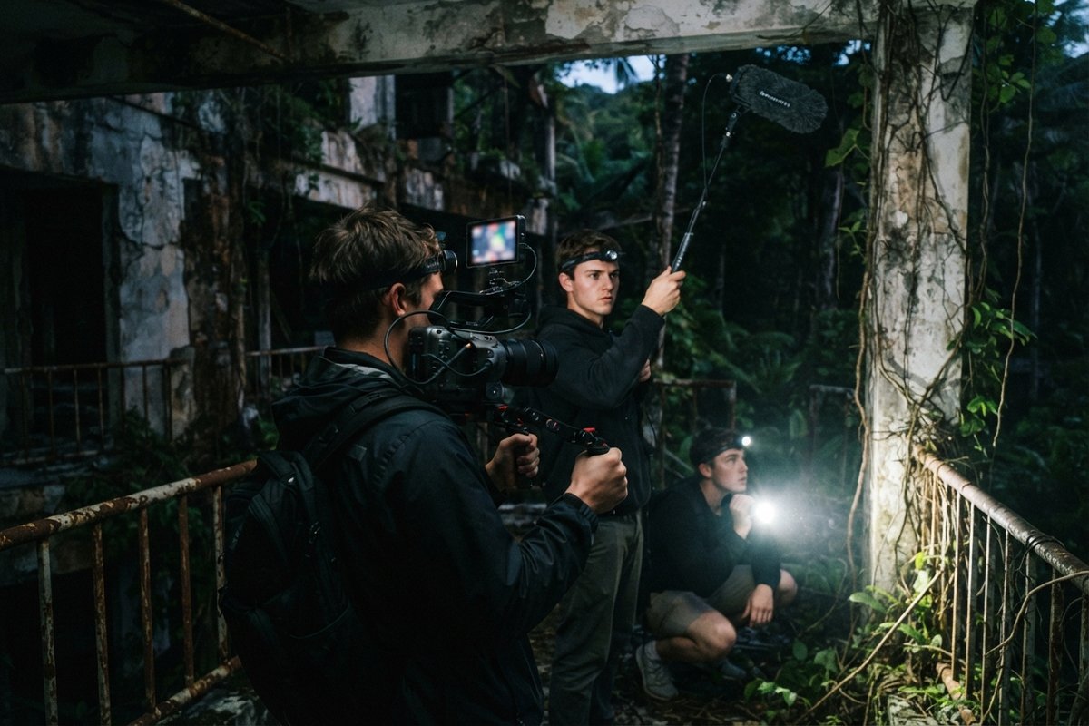 Trois jeunes filment de nuit avec caméra et perche dans un bâtiment abandonné envahi par la jungle