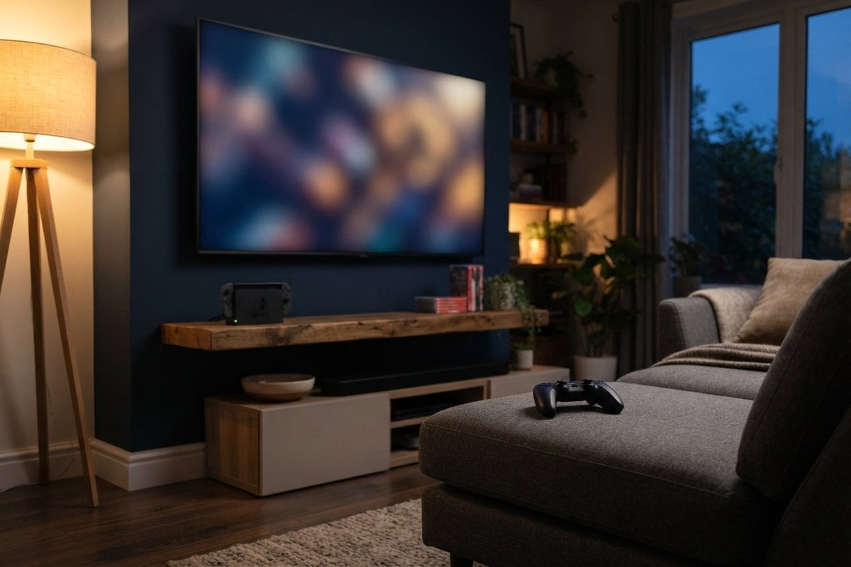 Salon en soirée avec un téléviseur mural allumé, une console dans sa station d'accueil et une manette sur le canapé.