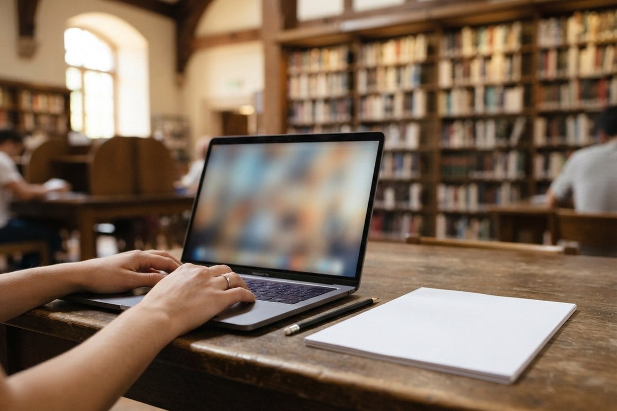Mains tapant sur un ordinateur portable posé sur une table en bois, dans une bibliothèque aux rayonnages garnis