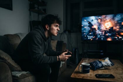 Un jeune homme manette en main, penché en avant sur un canapé, face à un téléviseur affichant une scène de bataille