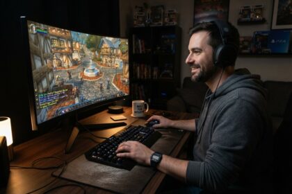 Joueur souriant avec un casque devant un écran affichant un village médiéval d'un jeu de rôle en ligne