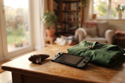 Ocarina en céramique posé sur une table en bois à côté d'une console portable éteinte et d'un vêtement vert plié