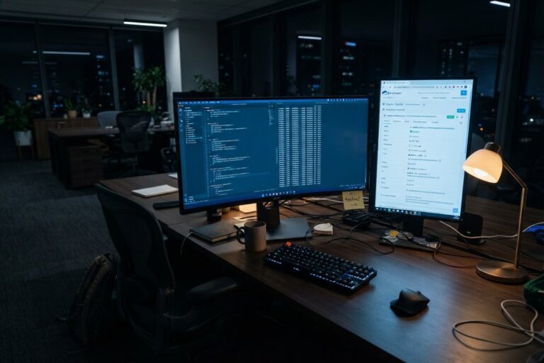 Bureau de nuit avec deux écrans affichant du code et une page de transaction, un post-it testnet et une lampe allumée