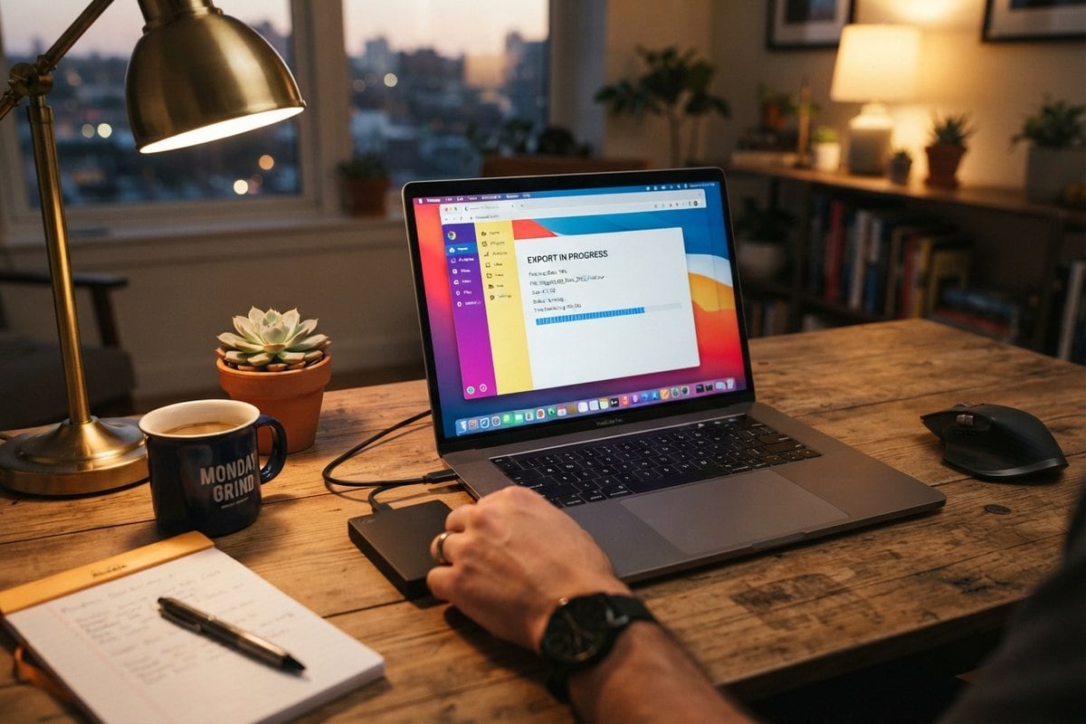 Ordinateur portable affichant un export de données en cours, relié à un disque dur externe sur un bureau en bois
