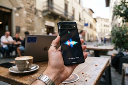 Main tenant un smartphone Google Pixel affichant un assistant vocal en écoute, à la terrasse d'un café