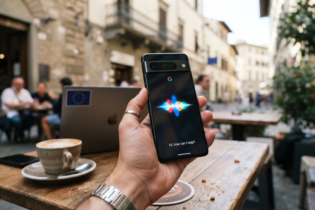 Main tenant un smartphone Google Pixel affichant un assistant vocal en écoute, à la terrasse d'un café