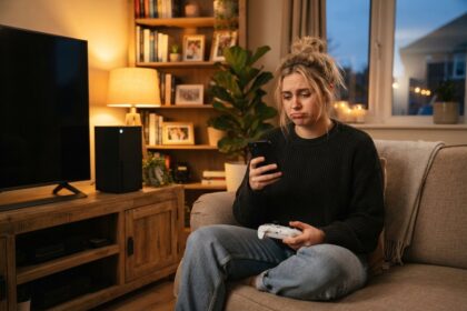 Jeune femme sur un canapé, manette Xbox en main, regardant son téléphone à côté d'une Xbox Series X et d'une télévision éteinte