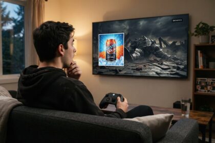 Joueur de dos sur un canapé, manette Xbox en main, face à un téléviseur où une publicité de soda recouvre un boss vaincu