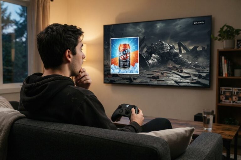 Joueur de dos sur un canapé, manette Xbox en main, face à un téléviseur où une publicité de soda recouvre un boss vaincu