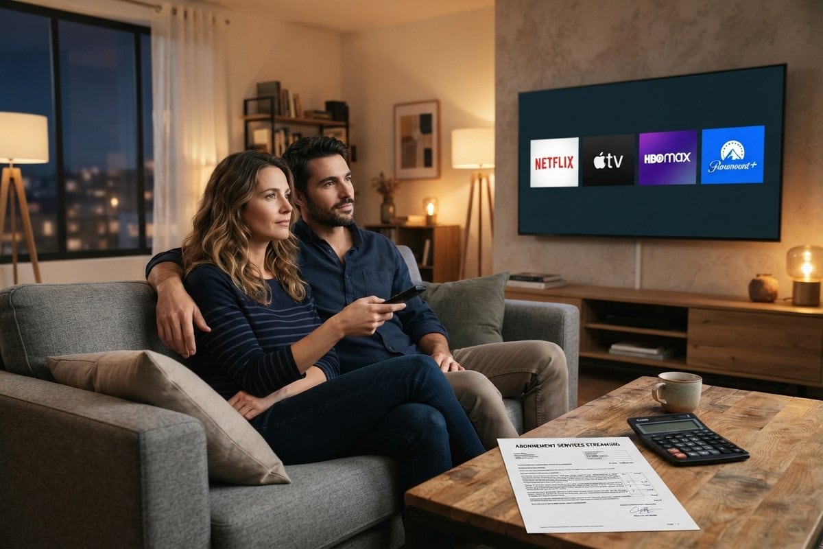 Un couple sur un canapé regarde un téléviseur affichant Netflix, Apple TV, HBO Max et Paramount+, un contrat sur la table