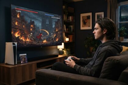 Un joueur sur un canapé, manette PS5 en main, face à un jeu d'action en 2D où un héros armé d'un fouet affronte des squelettes