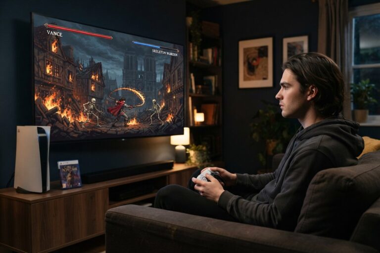 Un joueur sur un canapé, manette PS5 en main, face à un jeu d'action en 2D où un héros armé d'un fouet affronte des squelettes