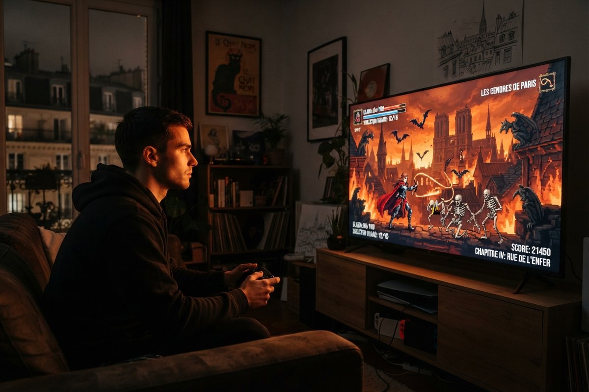 Jeune homme jouant sur un téléviseur à un jeu d'action en 2D, une héroïne au fouet face à des squelettes devant Paris en feu