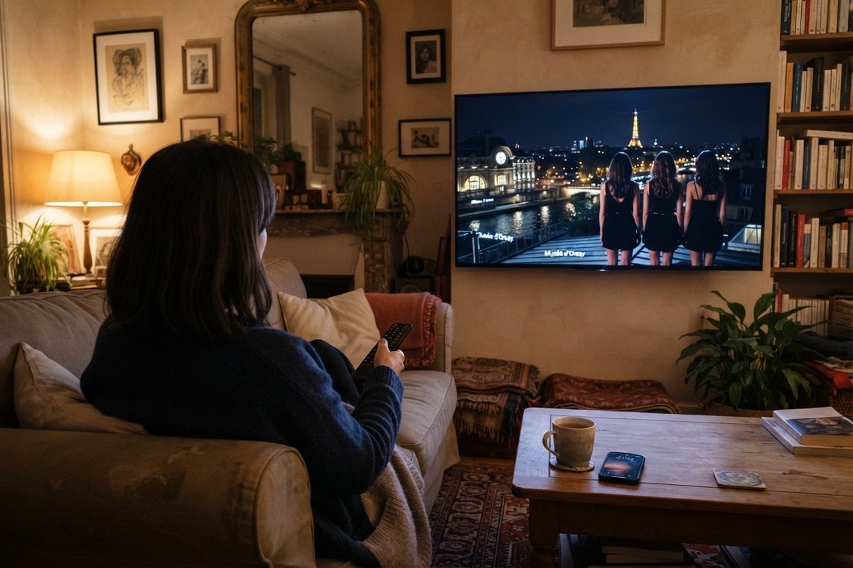 Femme sur un canapé, télécommande en main, regardant à la télévision trois femmes de dos sur un toit de Paris la nuit