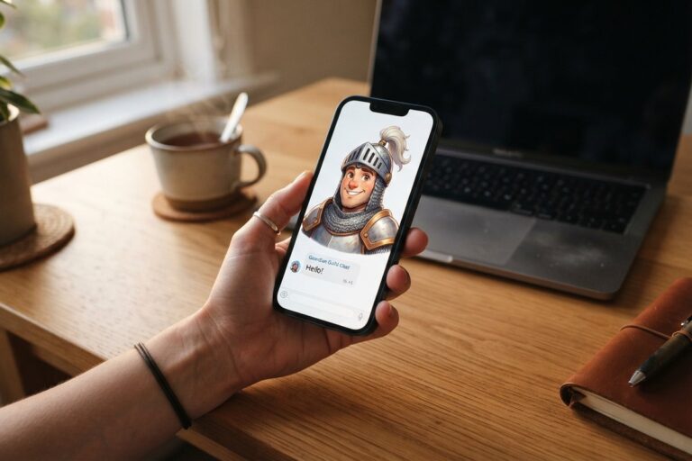 Une main tient un smartphone affichant un chevalier illustré et une bulle de discussion, devant un ordinateur portable