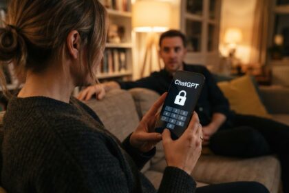 Femme sur un canapé tenant un smartphone affichant ChatGPT, un cadenas et un clavier numérique, un homme assis en face