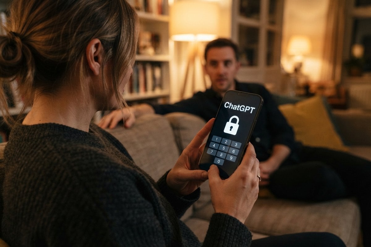 Femme sur un canapé tenant un smartphone affichant ChatGPT, un cadenas et un clavier numérique, un homme assis en face