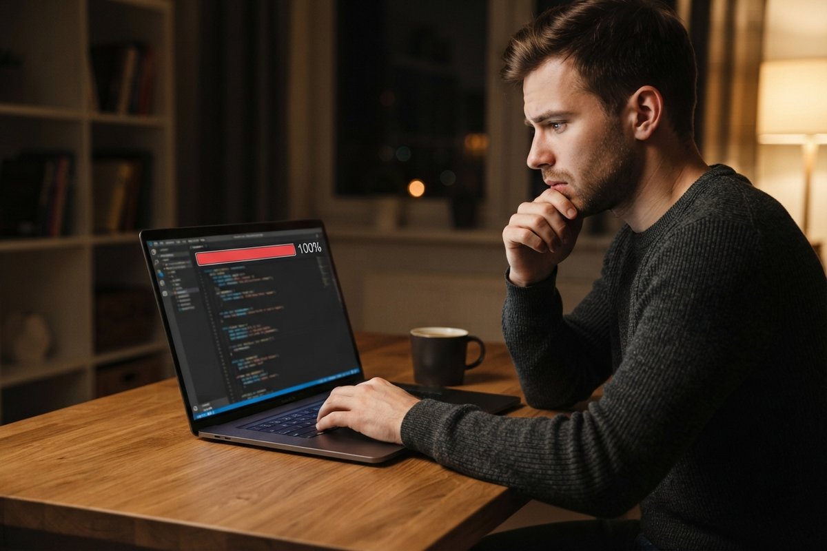 Un développeur pensif devant un ordinateur portable affichant du code et une jauge rouge remplie à 100 %