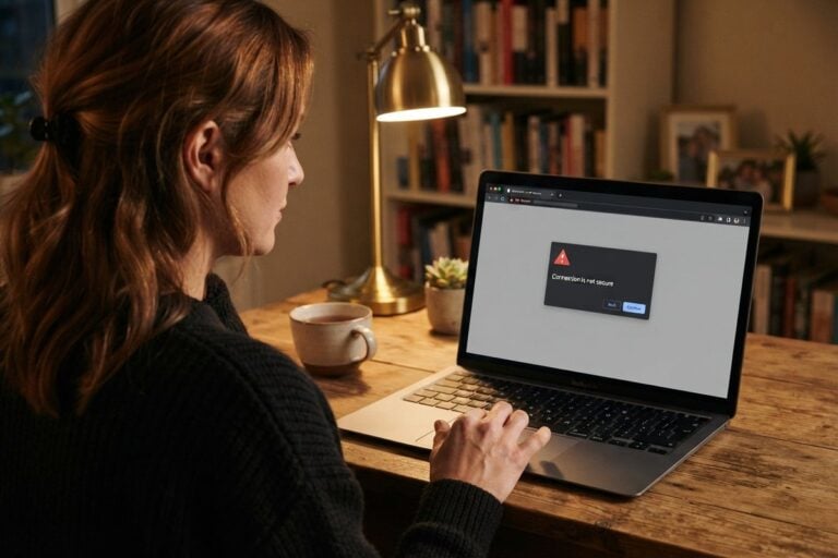 Femme à son bureau devant un ordinateur portable affichant une alerte de connexion non sécurisée