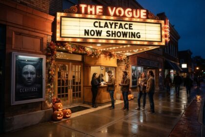 Marquise lumineuse d'un cinéma affichant Clayface, spectateurs au guichet et citrouilles d'Halloween devant l'entrée