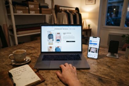 Ordinateur portable affichant une boutique en ligne de pulls, à côté d'un smartphone ouvert sur une Page Facebook