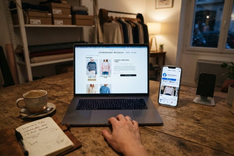 Ordinateur portable affichant une boutique en ligne de pulls, à côté d'un smartphone ouvert sur une Page Facebook